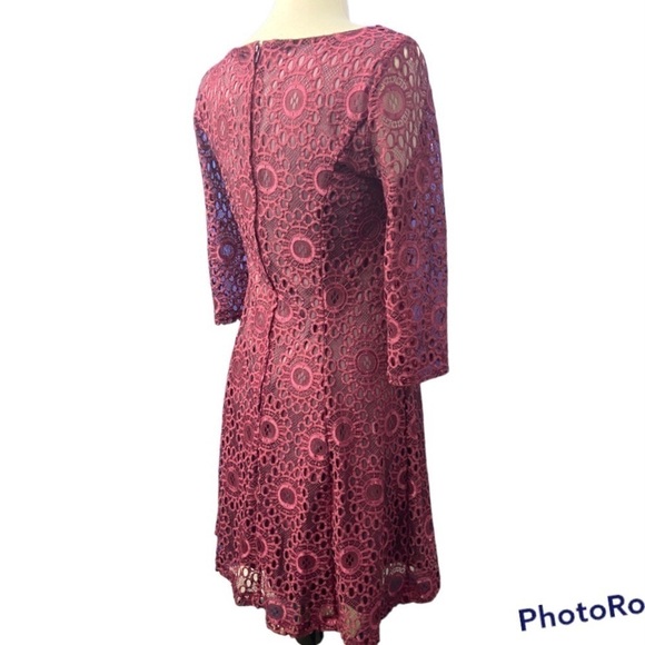 ModCloth Dress Cranberry Burgundy Floral Lace Overlay Lined Long Sleeves - Picture 8 of 11